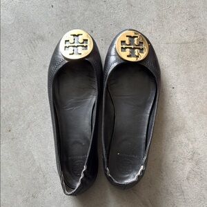 Tory Burch Black and Gold Leather Flats